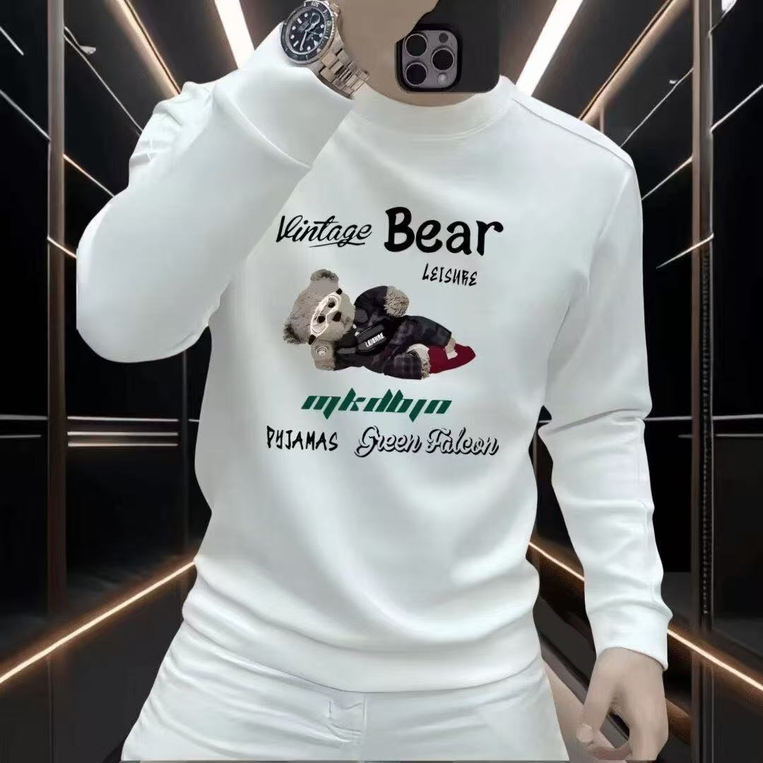 2025秋冬季新款卫衣男潮流小熊印花修身圆领黑色加绒加厚长袖上衣