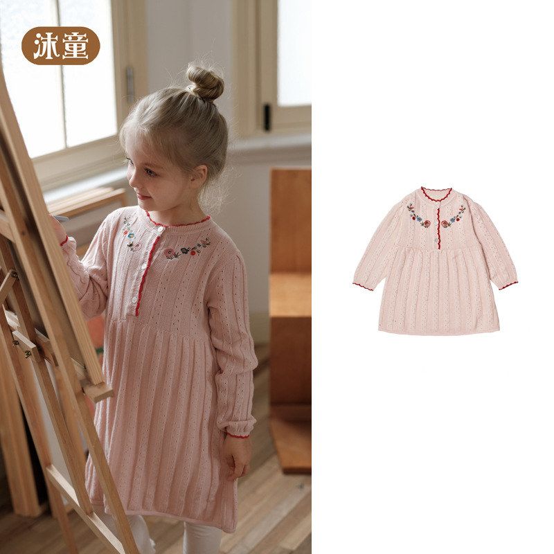 2025秋冬新款女童连衣裙花边领长袖裙子宝宝时尚可爱淑女针织裙子