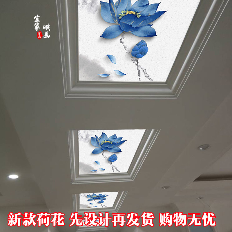 水墨荷花竹子3d艺术玻璃吊顶亚克力玄关镂空玻璃天花装饰透光玻璃