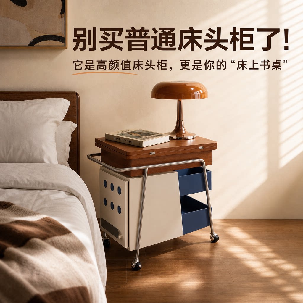 实木中古风折叠带轮收纳床头柜