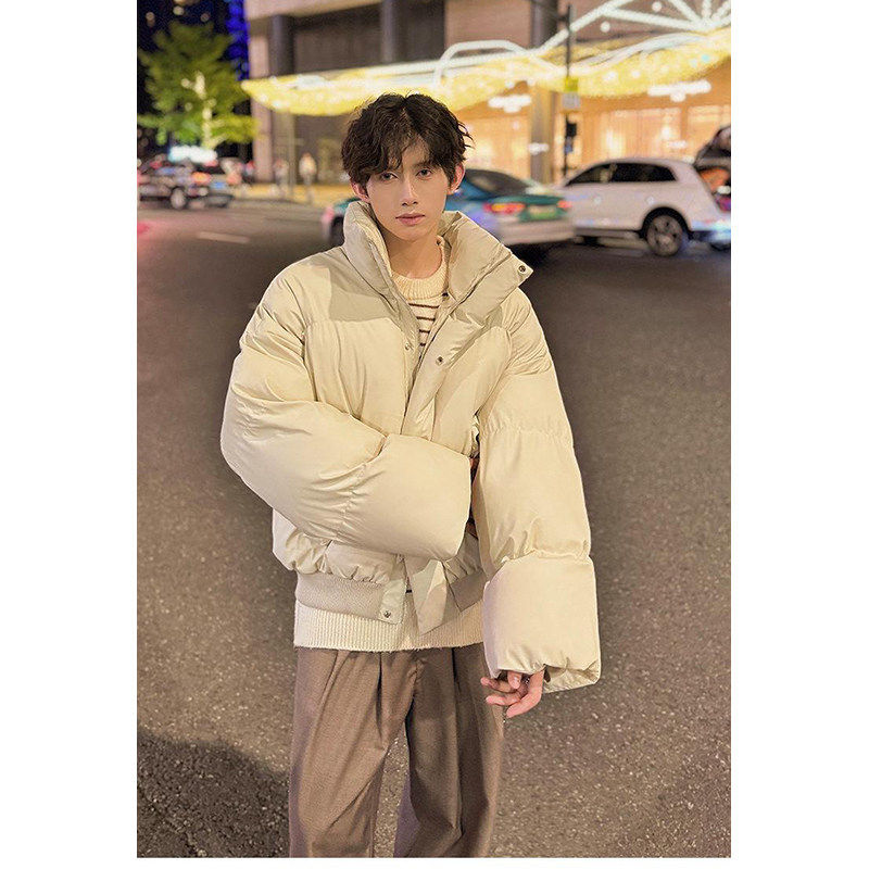 现货5W件冬季三防重磅硬挺boxy短款羽绒立领PU皮棉衣外套加厚棉服