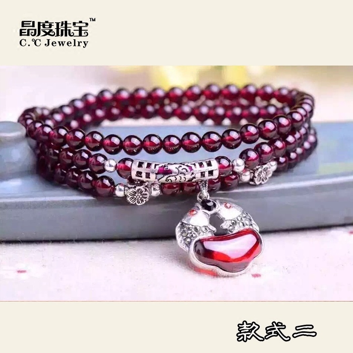 Ë«Óã×÷ÈçÒâËøÌìÈ»Êղؼ¶5mm¾ÆºìʯÁñʯÊÖÁ´ÈýȦ·ðÖé¶à²ã925´¿Òø×¹