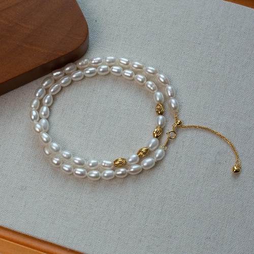 天然淡水米珠金色拼接珍珠项链女