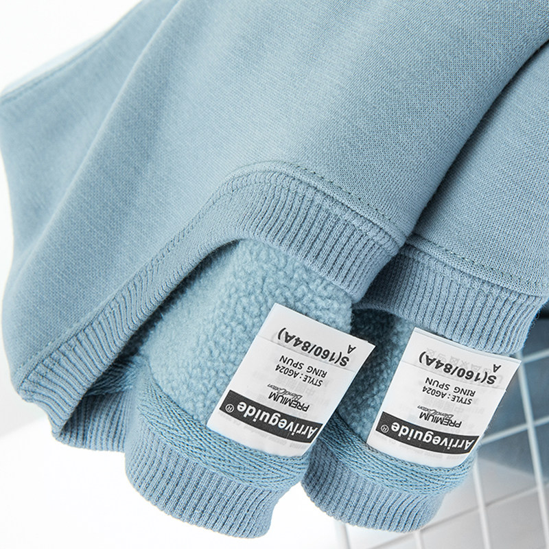 남성과 여성을위한 400G 헤비급 순수 코튼 비 포화 헤이즈 블루 솔리드 컬러 벨벳 운동복 두꺼운 따뜻한 스포츠 루즈 탑
