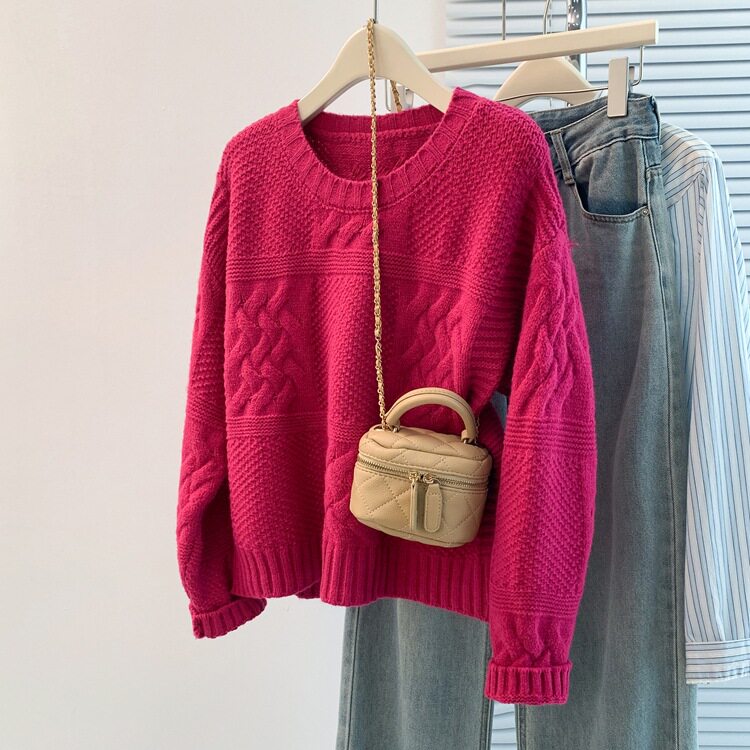 慵懒风玫红色毛衣女温柔系软糯针织衫秋冬季外穿显瘦粗线打底上衣