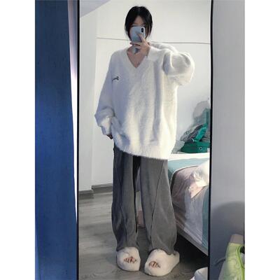 秋冬美式慵懒风宽松V领马海毛毛衣女彷水貂毛加厚针织打底衫上衣