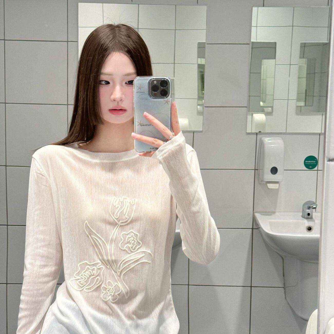 设计感郁金香印花长袖T恤女2026夏季新款薄款修身防晒衫小众上衣
