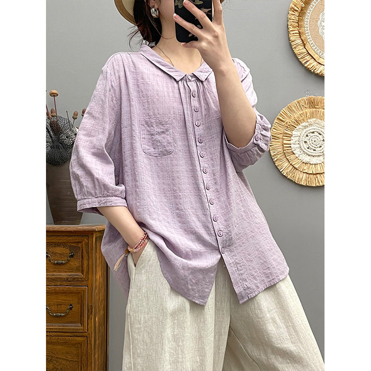 棉衬衫女设计感小众夏季2025新款宽松薄款文艺休闲polo领长袖上衣