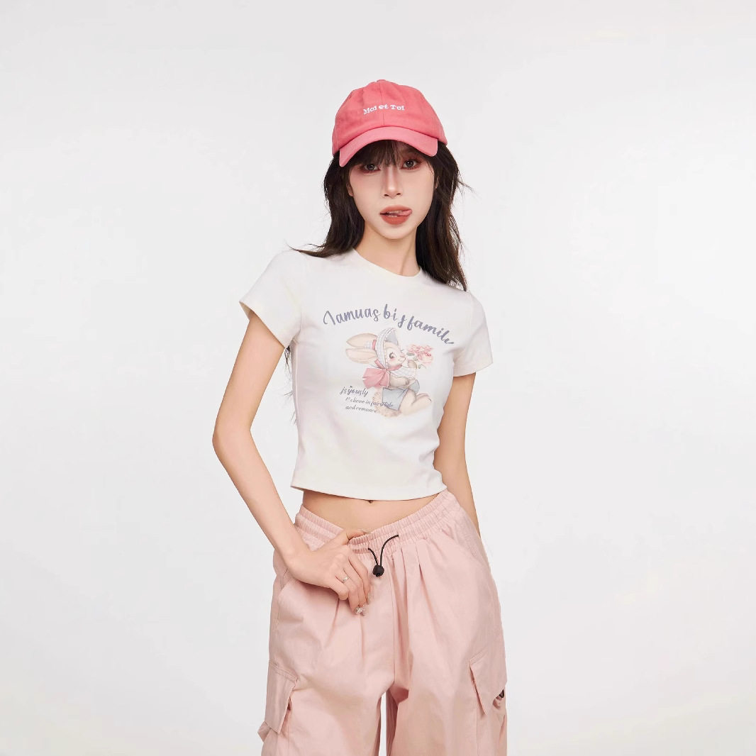 白色兔子正肩短袖t恤女夏