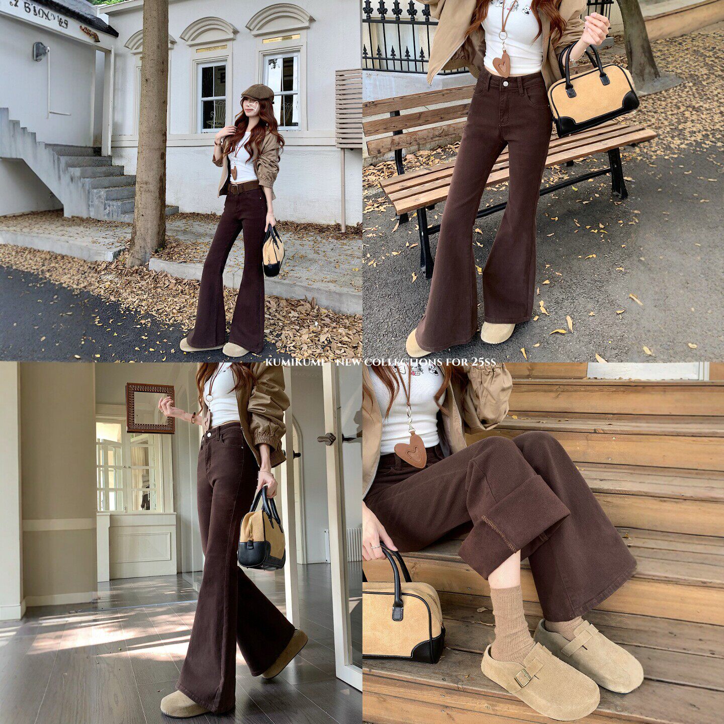 美拉德咖色微喇牛仔裤女秋冬胖妹妹mm高腰弹力遮胯加绒马蹄喇叭裤