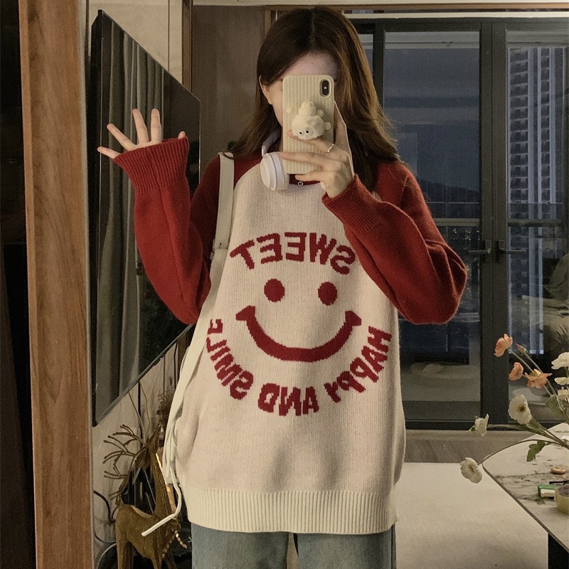 学院风漂亮笑脸毛衣女秋冬大码胖mm显瘦宽松慵懒上衣中长款针织衫