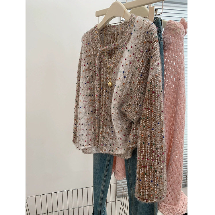 超好看彩点v领毛衣女秋冬大码胖mm独特漂亮短款针织衫上衣