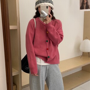 韩系彩色纽扣减龄针织开衫 宽松慵懒软糯毛衣外套潮 女2025春秋新款