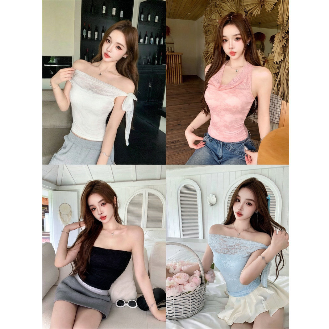 纯欲辣妹蕾丝吊带吊带背心女夏季外穿修身带胸垫美背无袖抹胸上衣
