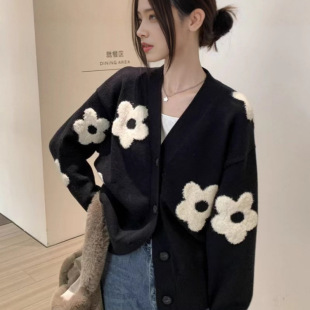 开衫 V领立体提花慵懒显瘦花朵针织衫 毛衣外套女 新款 欧美春秋冬装