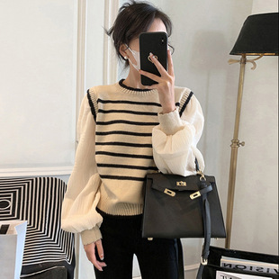 黑白条纹假两件针织上衣女内搭秋冬2025新款韩版软糯短款拼接毛衣
