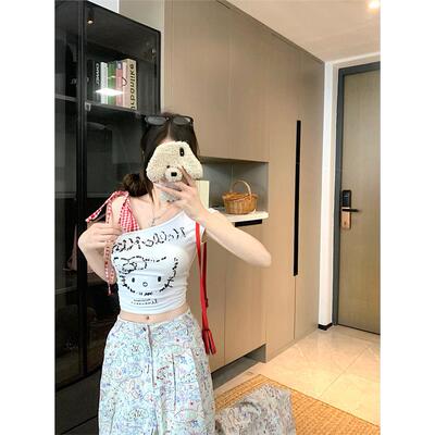 白色kitty猫咪格子拼接斜
