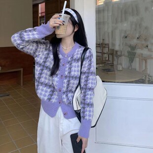 日韩系千鸟格甜美风设计感毛衣女2025春秋新款 女外套 撞色针织开衫