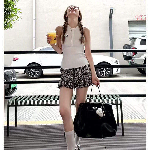 豹纹花边设计短裙A字显瘦