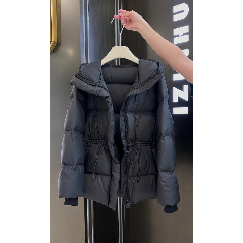 欧货黑色连帽抽绳收腰棉服外套女冬季设计感加厚保暖外搭棉衣上衣