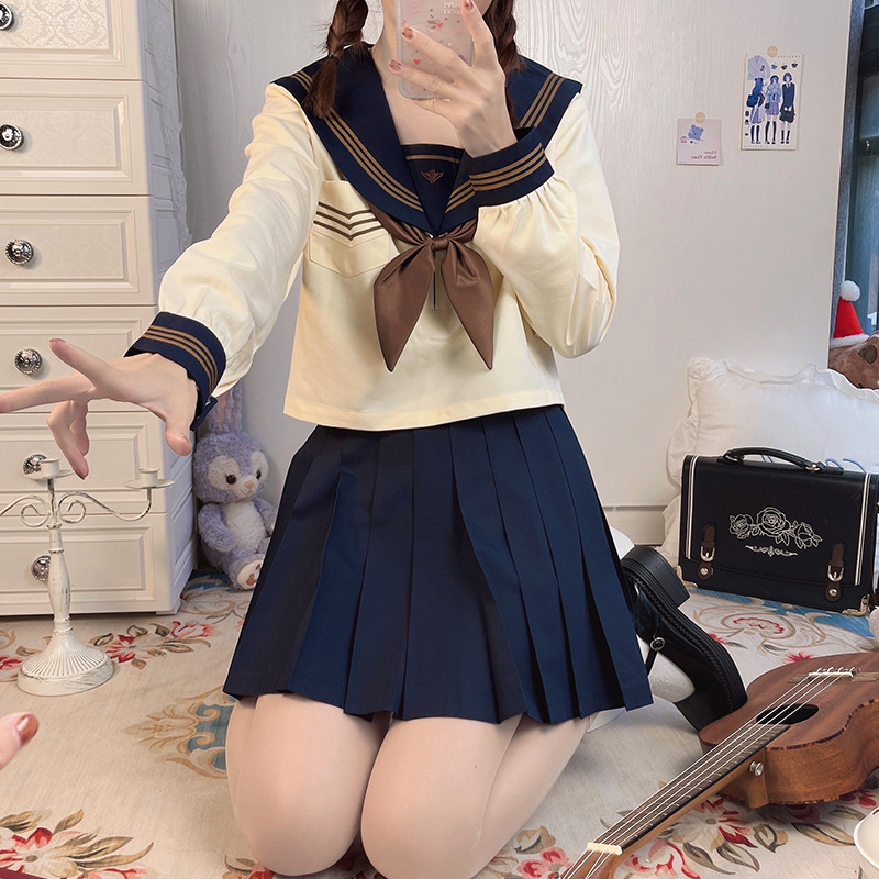 正统哗叽棉茶羽中三本水手服