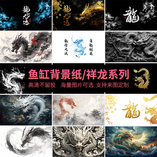 高清鱼缸背景贴纸祥龙风格龙浮雕水墨插画定制龙鱼缸3D立体背景画