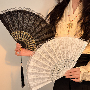 国风汉服跳舞流苏扇子夏季新中式蕾丝古装旗袍随身便携女生折叠扇