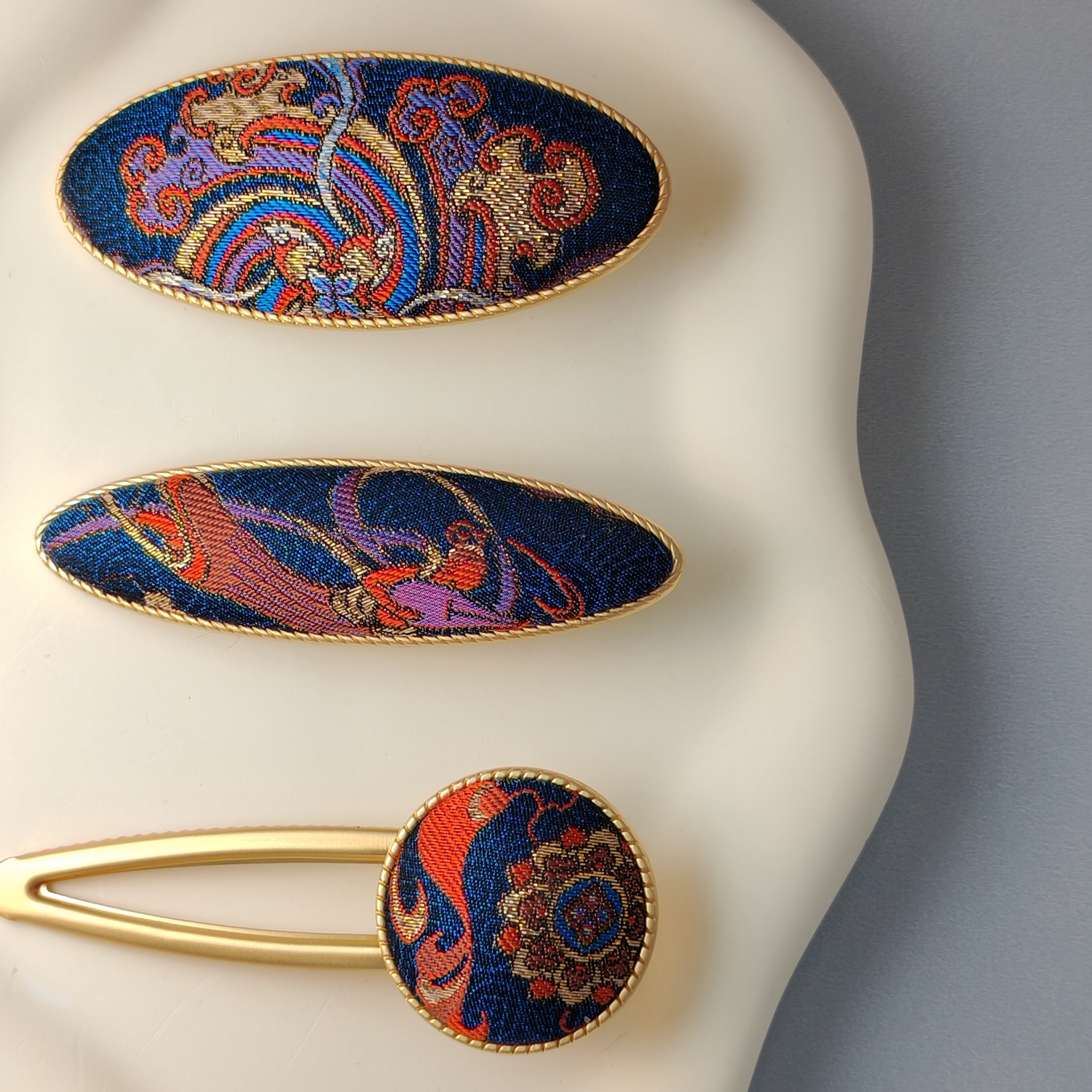 非遗发夹100%桑蚕丝鸭嘴夹小发卡子复古边夹侧夹手工发夹宋锦发夹