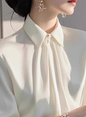 轻奢高级感真丝白色长袖衬衫女士秋季新款桑蚕丝别致防晒缎面衬衣
