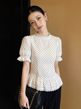 白色波点短袖衬衫女款2026新款夏季女士蕾丝法式小资漂亮上衣衬衣