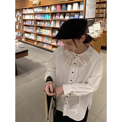 elielim 秋日长信初秋衬衫女纯棉撞色扣oversize绑带设计减龄上衣