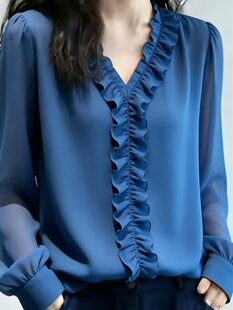 蓝色灯笼袖 法式 新款 女2026春季 高级感显瘦时髦上衣 V领荷叶边衬衫