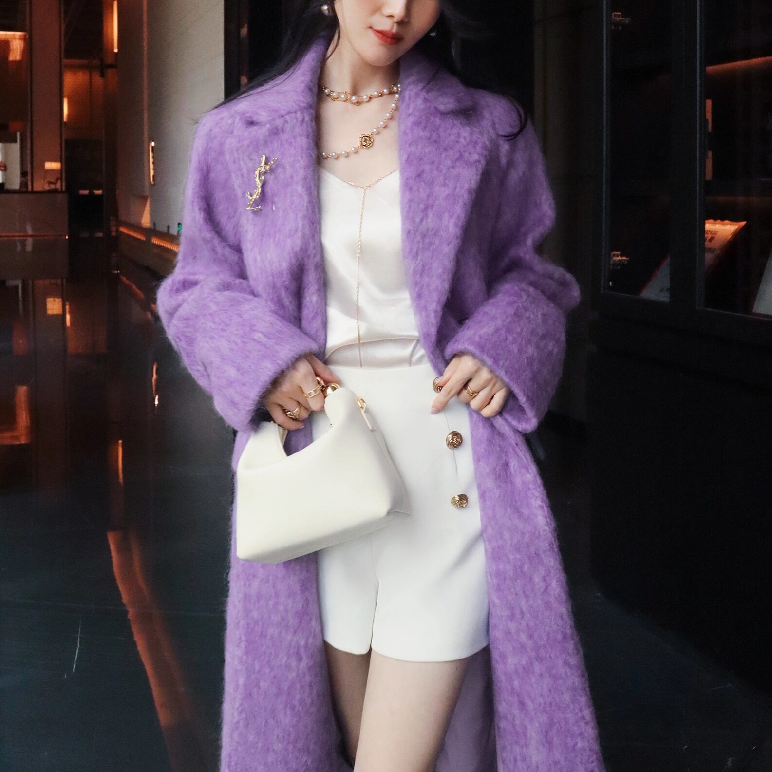 薄雾紫高级感双色羊毛轻奢名媛风系带温柔慵懒优雅长毛大衣外套女