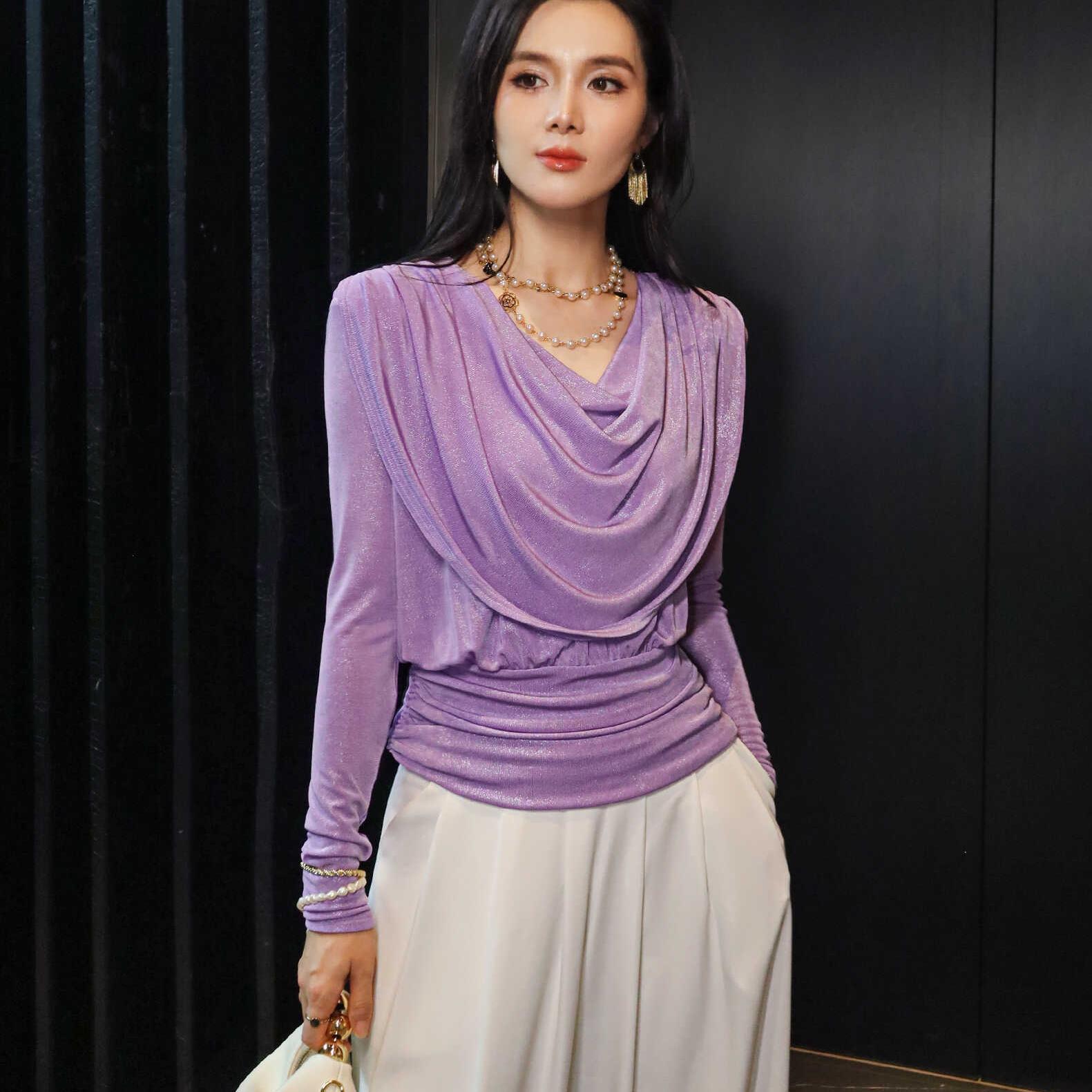 24年秋季长袖紫色名媛针织荡领