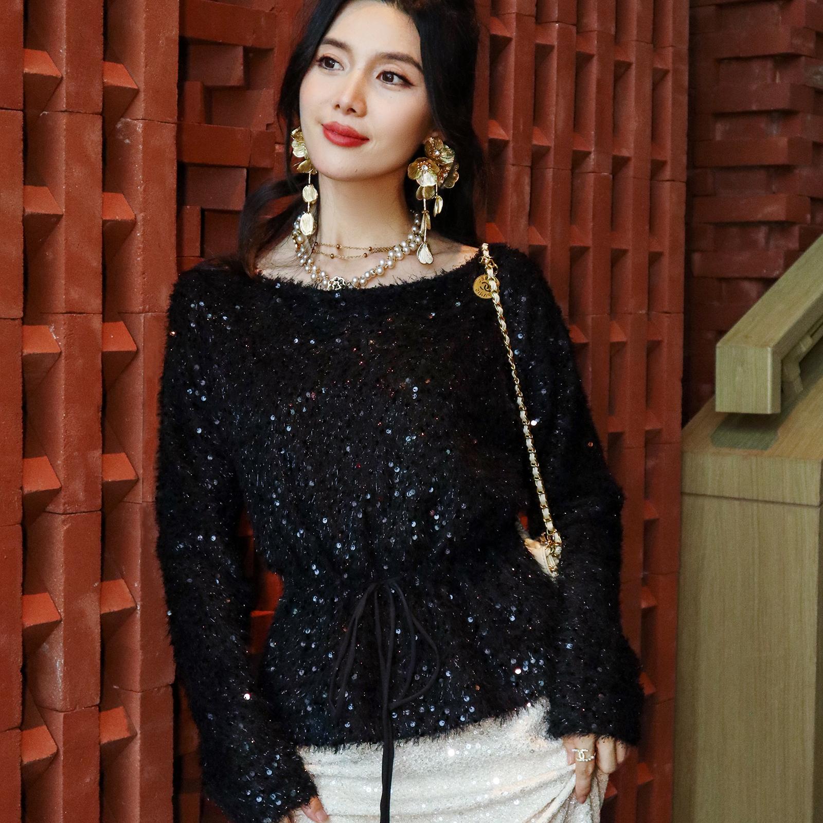 法式优雅亮闪黑色珠片名媛毛衣