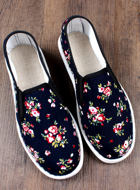 老北京碎花布鞋男牛筋底手工一脚蹬男士防臭透气轻便黑色工作夏季