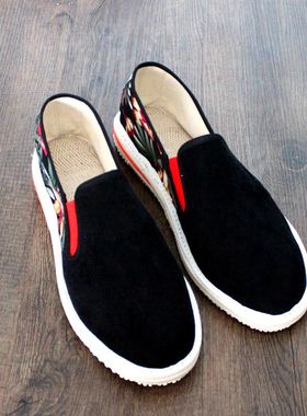 夏季老北京布鞋男士手工亚麻千层底黑色灯芯绒软底透气条绒懒汉鞋