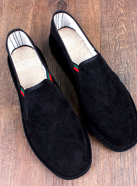 夏季透气条绒布鞋男老北京手工千层底防臭中国风黑色灯芯绒步布鞋