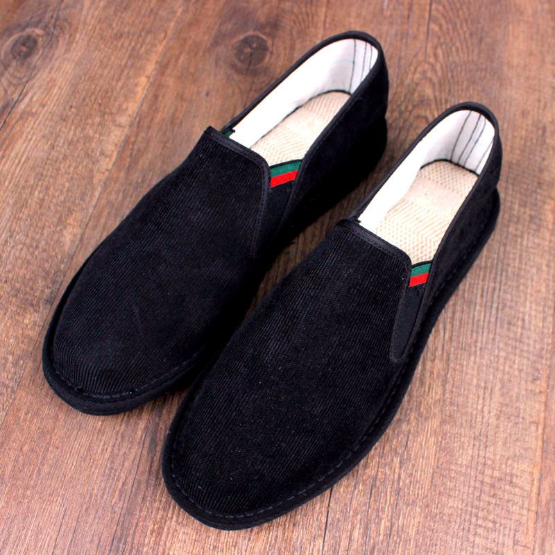 夏季透气条绒布鞋男老北京手工千层底防臭中国风黑色灯芯绒步布鞋