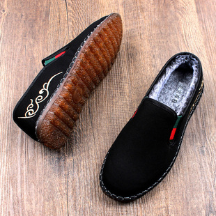 冬季老北京布鞋男款加绒加厚保暖棉鞋耐磨牛筋底一脚蹬防滑软底男