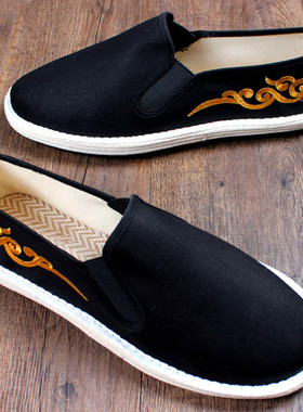 老北京布鞋男手工千层底潮流厚底中国风懒人鞋刺绣黑色男士步布鞋