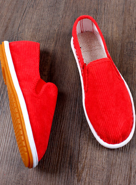 老北京布鞋男款夏季透气软底红色灯芯绒西山牛筋底耐磨男士工作鞋
