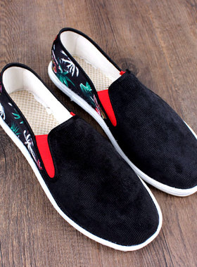 夏季老北京布鞋男条绒中国风透气软底灯芯绒开车黑色耐磨懒人步鞋