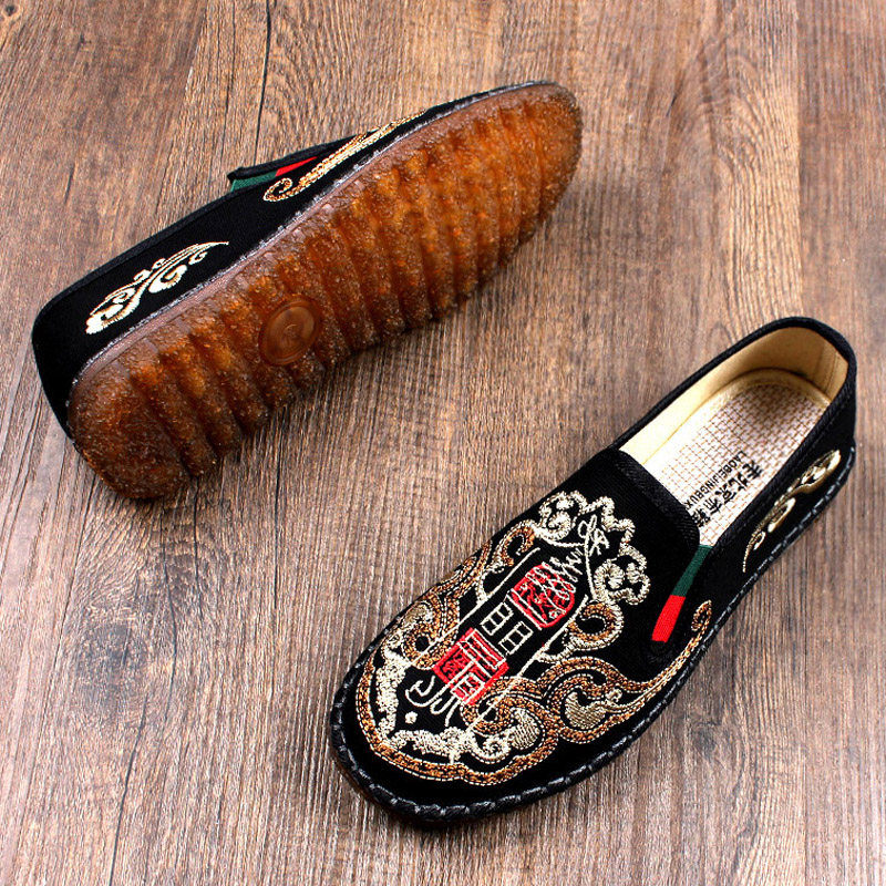 春季新款老北京布鞋男手工牛筋底一脚蹬耐磨防滑工作透气软底刺绣