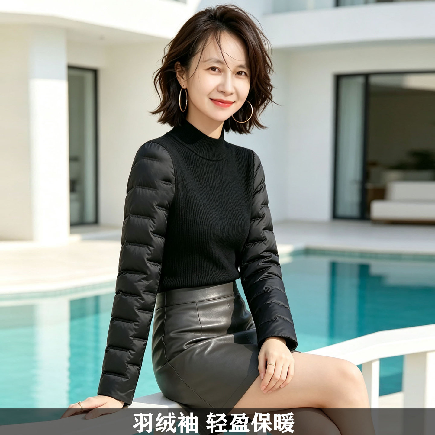羽绒袖打底衫女配皮草马甲的毛衣