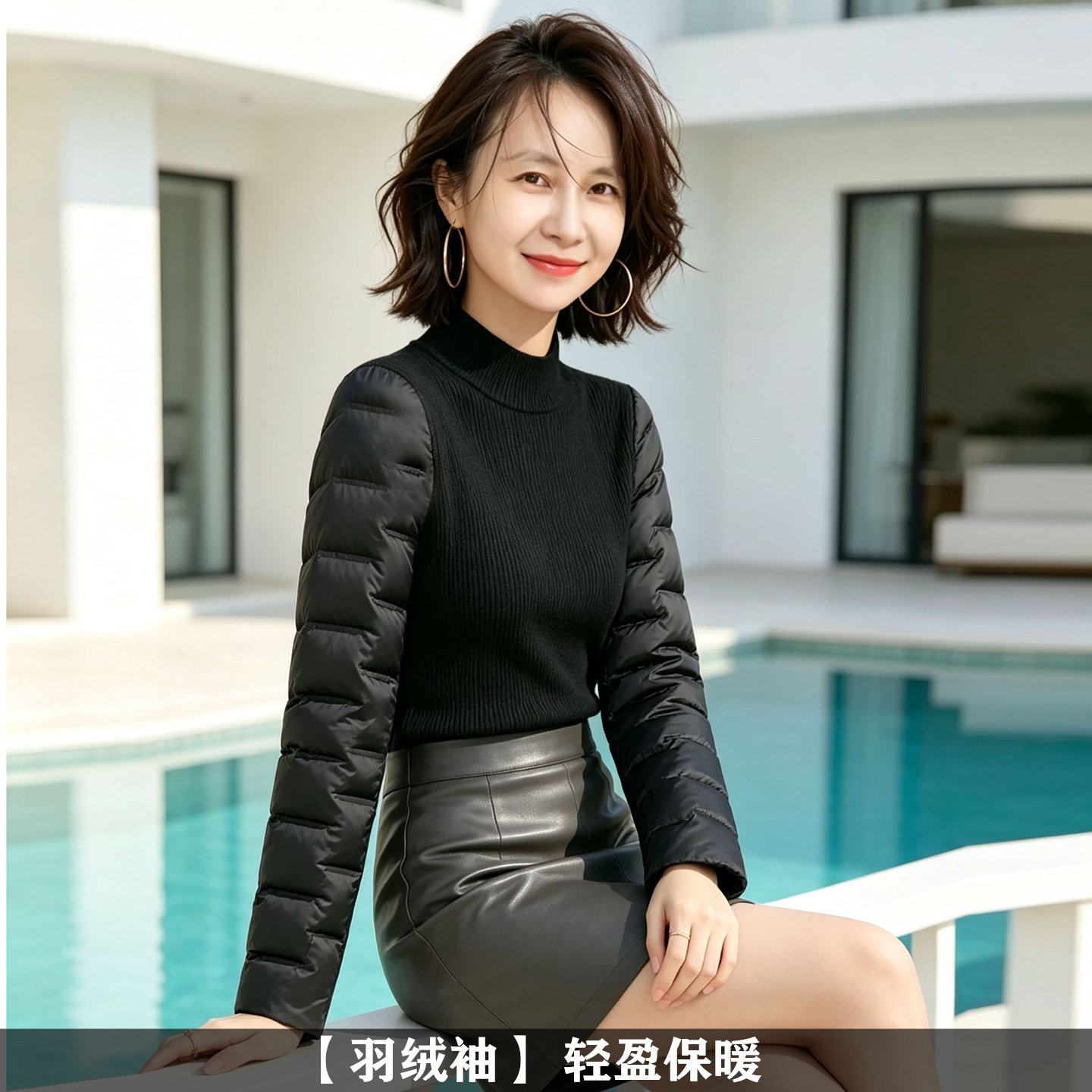羽绒袖打底衫女配皮草马甲的毛衣