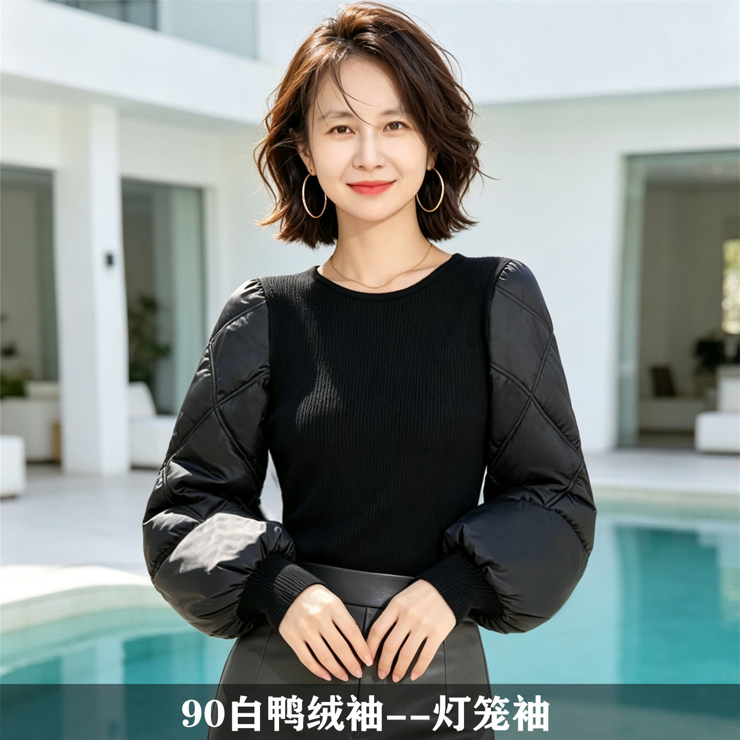 秋冬配马甲的打底衫厚羽绒袖毛衣