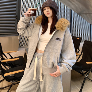 可拆卸毛领65华棉连帽开衫卫衣男女修身短款K69 P75图片