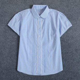 夏季童装校服衬衫蓝色小方格短袖衬衣女童薄款半袖上衣男童班服