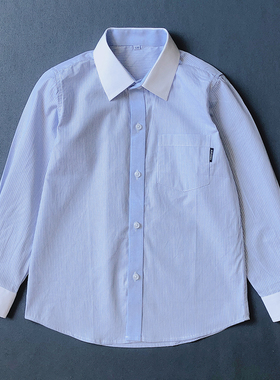 男童蓝色条纹长袖衬衫春秋款男孩白领上衣纯棉中大童学生校服衬衣
